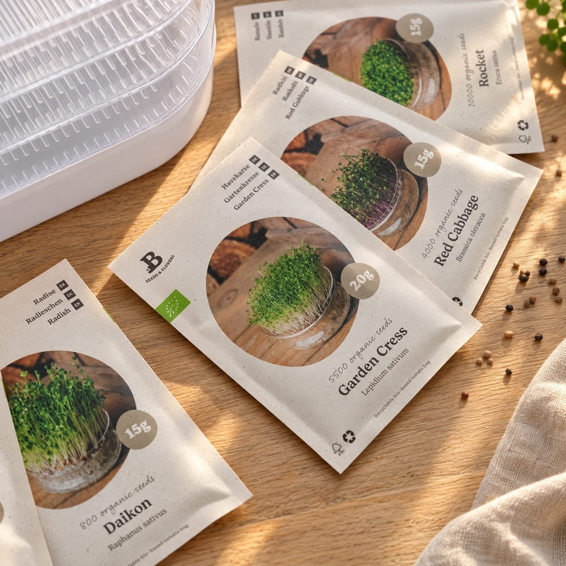 Microgreens-Box mit Keimturm - 5 Tüten Biosamen