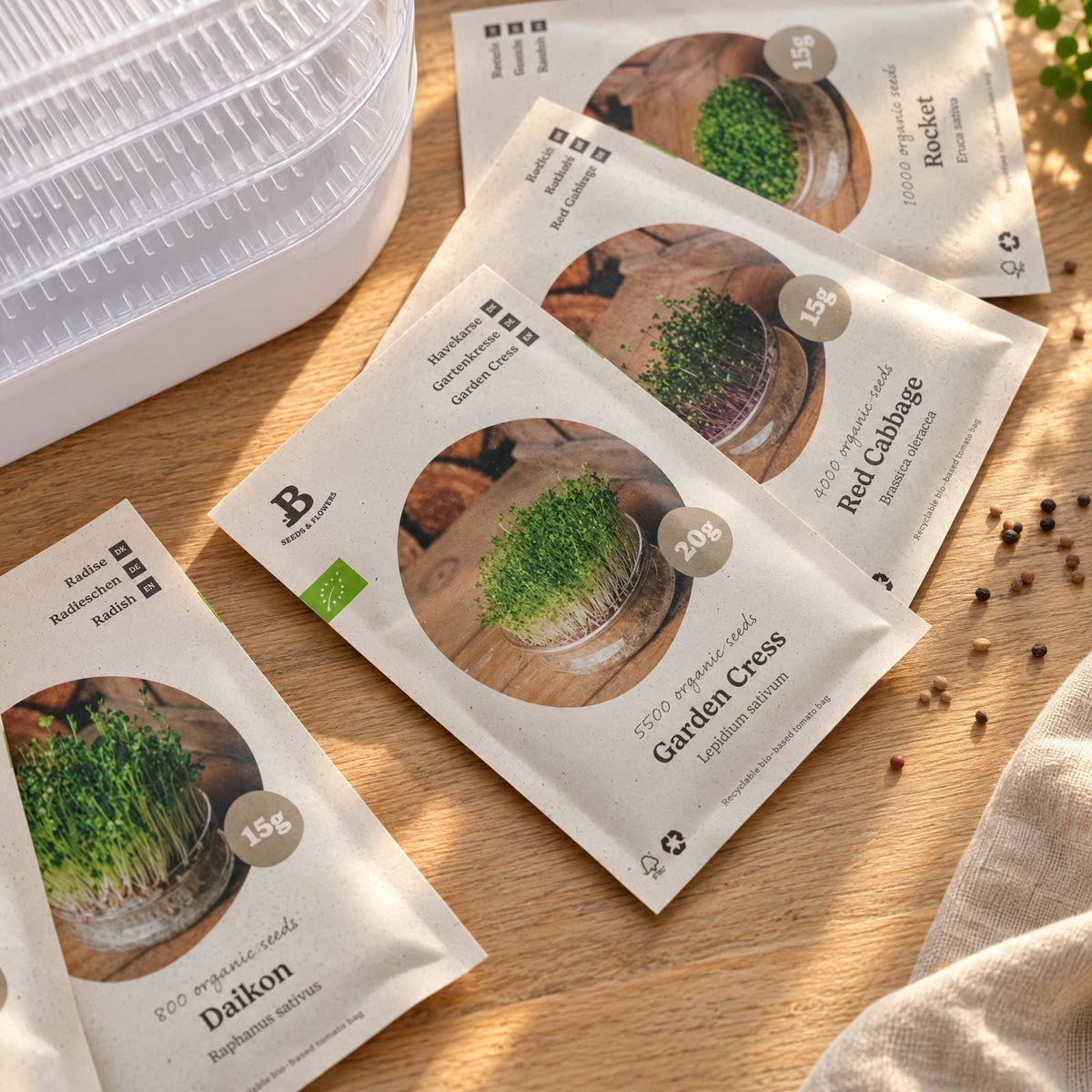 Microgreens-Box mit Keimturm - 5 Tüten Biosamen